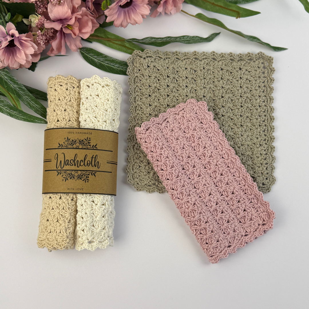 Romantic Farmhouse Washcloth Crochet Pattern (+ editable Printable Labels)