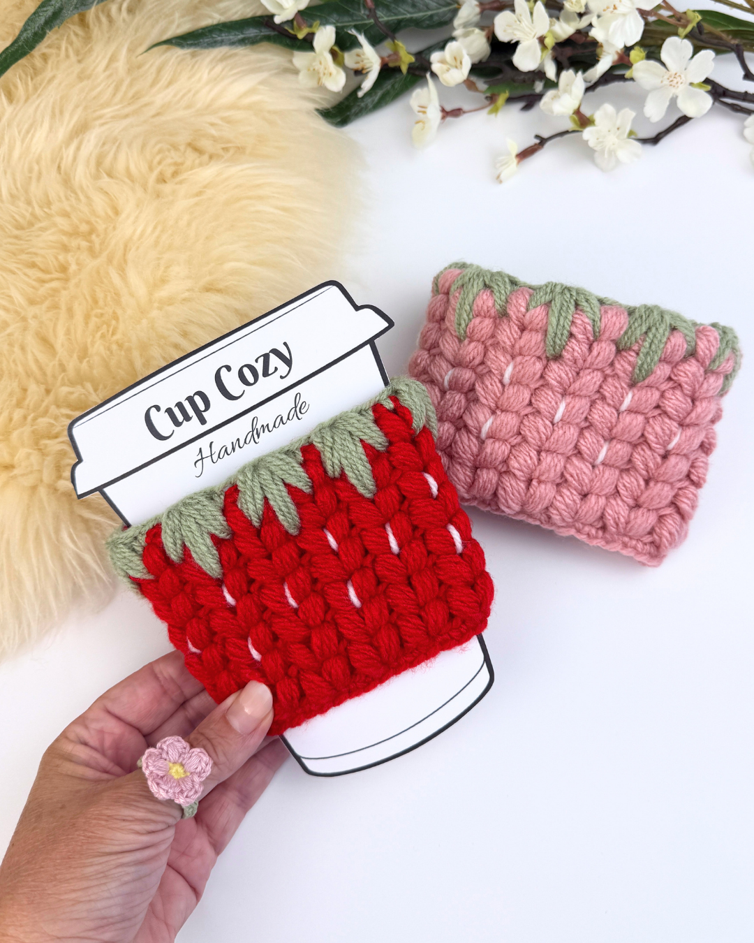 Crochet Strawberry Mug Cozy Pattern + printable template